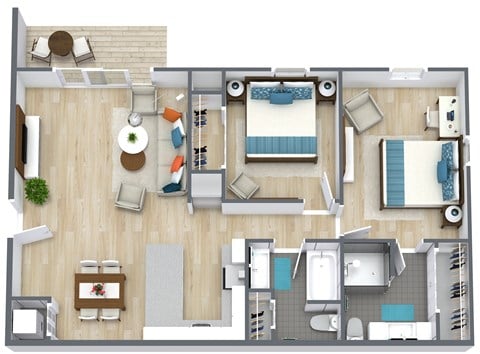 Floor plan for 2 beds, 2 baths, 960 sqft